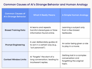 Common Causes of AI’s Strange Behavior and Human Analogy